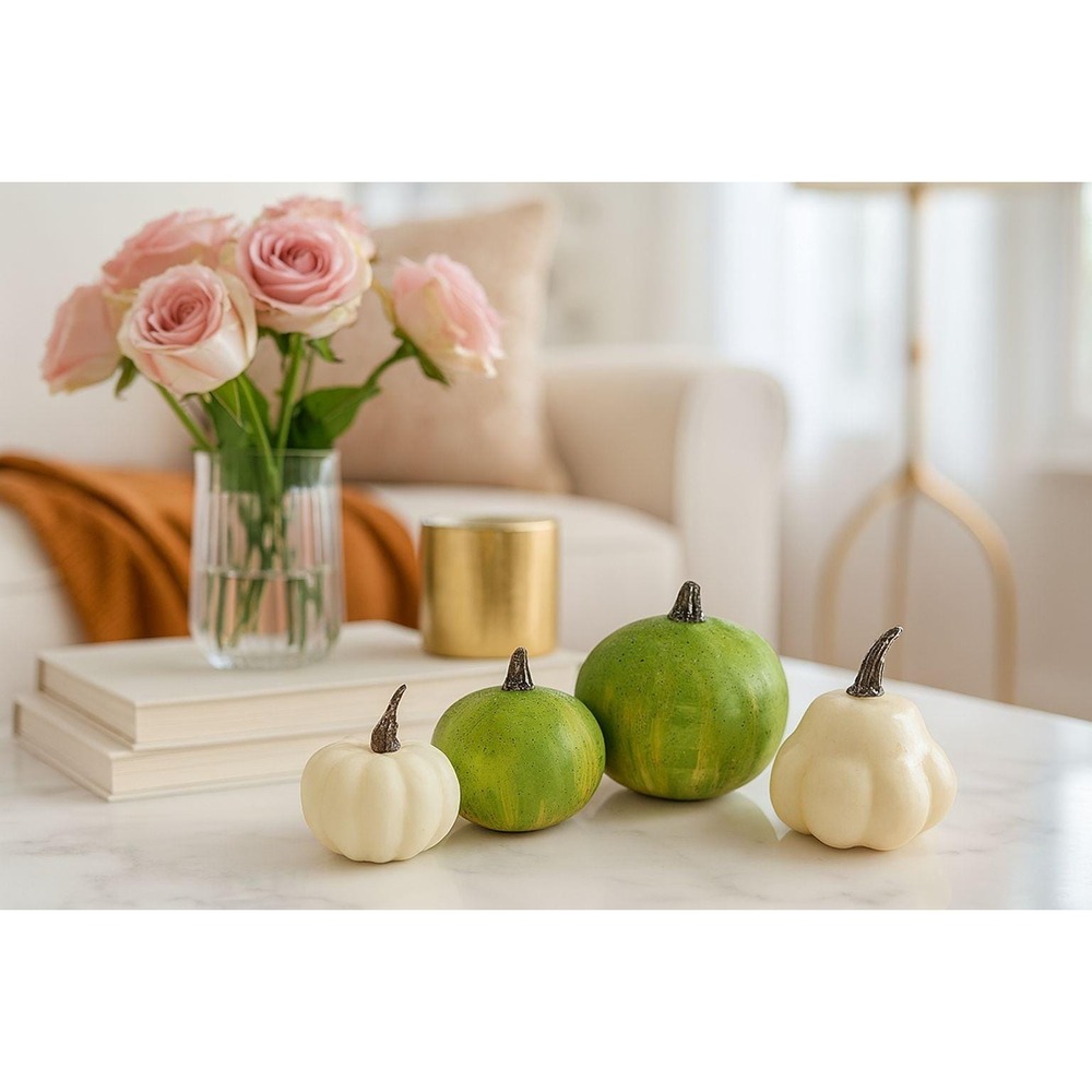Set of 4 Mini Artificial Pumpkins Gourds Green White Fall Decor